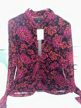 Floral Ruched Long Sleeve Top in Magenta & Red